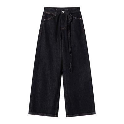 高腰复古系带阔腿牛仔裤女新款
