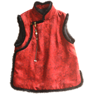 云澍原创花罗香云纱中式加棉马甲女冬桑蚕丝印花红色宴会棉服上衣