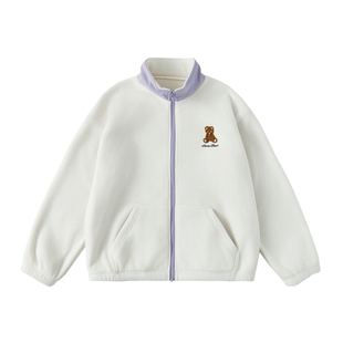 棵初2026年早春新款亲子中大女童摇粒绒外套立体小熊绣花宽松上衣