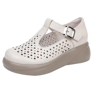 真皮镂空妈妈洞洞鞋厚底女鞋春夏新款圆头松糕底坡跟凉鞋女小个子