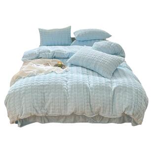 冬季加绒床单被套牛奶绒床上四件套公主风双面毛绒珊瑚绒床笠款兔