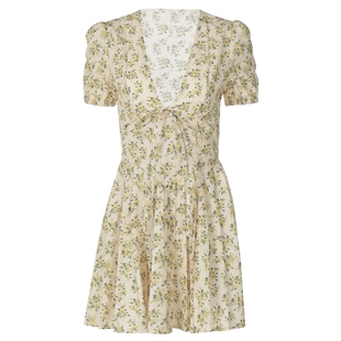 gusty欧若风复古碎花裙收腰A字蓬蓬裙短裙子甜辣少女泡泡袖连衣裙