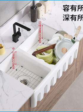 半嵌入家用厨房陶瓷双槽洗碗池厨房水槽台下盆洗菜盆水池水盆菜盆
