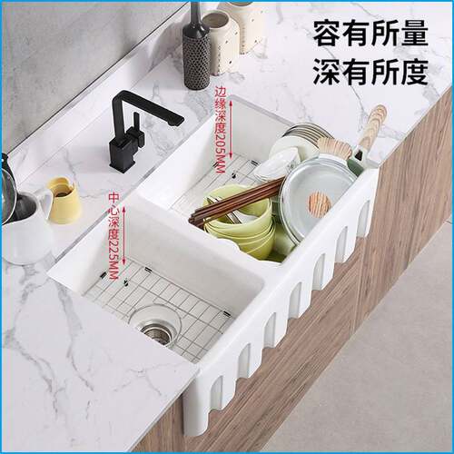 半嵌入家用厨房陶瓷双槽洗碗池厨房水槽台下盆洗菜盆水池水盆菜盆