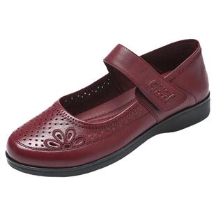 真皮软底妈妈网眼单鞋41大码中老年女式方口凉鞋夏天拉带软皮鞋43