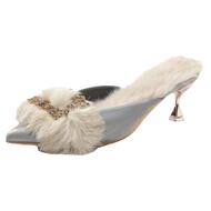 小香风半包头毛毛拖鞋水钻扣高跟鞋2023新款秋冬加绒细跟尖头女鞋