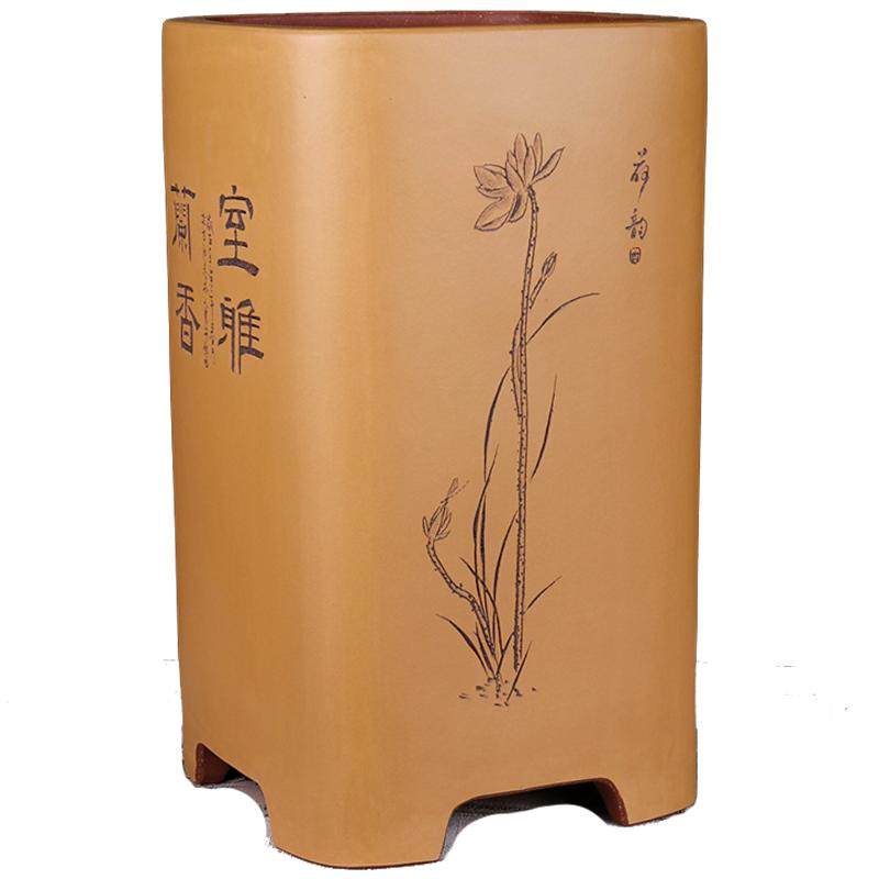 紫砂手工刻绘紫砂兰花盆大四方