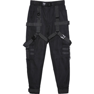 小众硬核工装裤男春秋暗黑机能风战术伞兵裤飘带设计宽松束脚裤潮