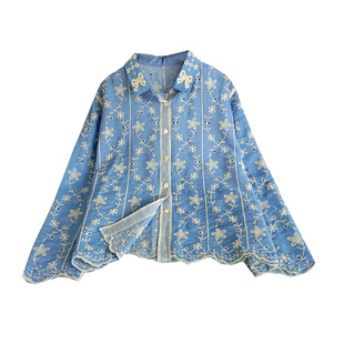 重工刺绣工艺感复古百搭欧美风宽松显瘦翻领排扣长袖衬衫上衣女