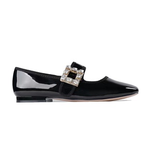 真皮玛丽珍平底水钻方扣2022新款法式一字带RV复古方头高跟单鞋女