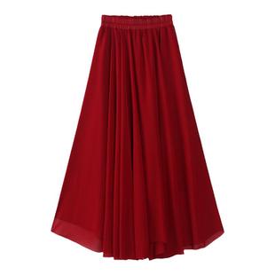 红色半身裙女舞蹈裙雪纺衬裙广场舞雪纺白色长裙黑色半裙跳舞裙子