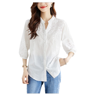 初影绣花镂空白衬衫女七分袖2026春装气质轻熟上衣纯棉别致衬衣