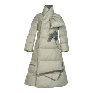 浒城古娘新款印花白鸭绒保暖宽松长款新中式国风羽绒服女士冬季