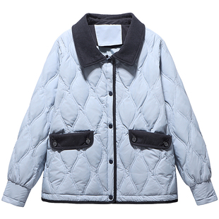 时尚拼接灯芯绒加厚保暖休闲外套潮胖莹莹大码女装冬季遮肉羽绒服