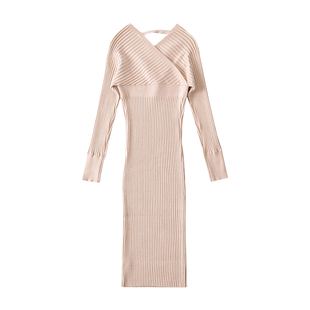 YoungGirlDay 纯欲性感V领修身收腰显瘦长袖针织包臀中长款连衣裙