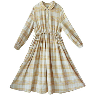 【影像诗】复古衬衫领大摆连衣裙女2025春季新款格纹减龄显瘦长裙