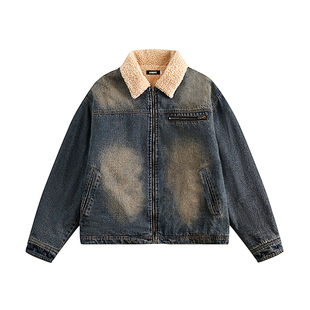 方少男冬季美式羊羔毛牛仔加厚棉服男女复古做旧宽松棉袄潮流外套
