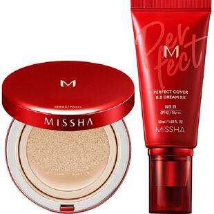 Missha/谜尚大红BB霜50ml*1+经典红气垫15g*3水润持妆防晒遮瑕