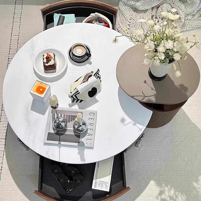 新款圆形微晶石茶几客厅升降旋转马鞍皮小户型家用现代简约高级感