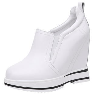 12CM内增高小白鞋女真皮春秋厚底休闲坡跟单鞋简约白色一脚蹬女鞋