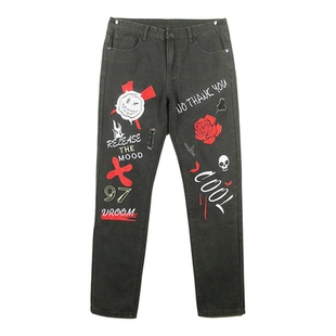 牛仔裤男修身小脚加长黑色破洞绣花骨骼外单长裤SM/B103/2506-03