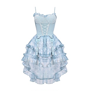 虚轨原创 无镜之梦甜美少女扎染显瘦坎肩吊带拖尾公主连衣裙女夏