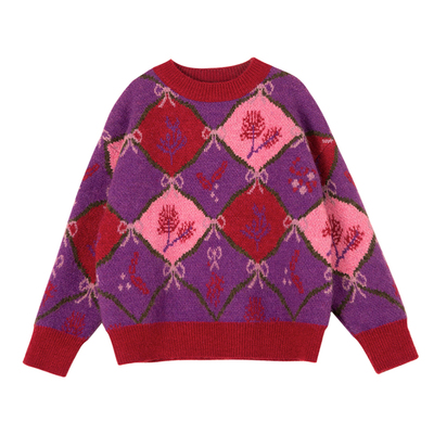 女童提花菱格复古撞色毛衣