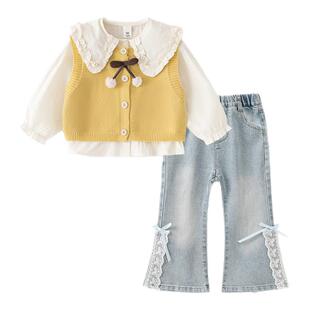 女童套装2026新款儿童春装时髦春秋季宝宝洋气针织背心衬衫牛仔裤