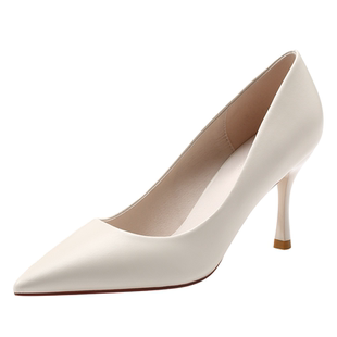白色高跟鞋2025新款尖头细跟礼仪空乘细跟百搭舒适软皮防滑粗跟女
