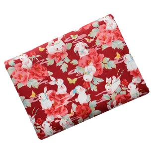 纯棉纱卡布料印染卡通手工服装红色棉布中国风兔年新年布牡丹玉兔