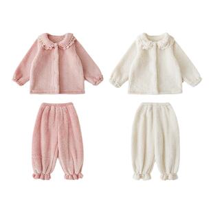 幼悠女童双面北极绒亲子家居服可爱刺绣花边双层翻领睡衣两件套潮