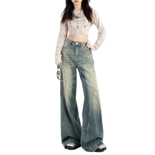 worxurnn/无须美式复古牛仔裤女高腰破洞设计感宽松垂感阔腿裤