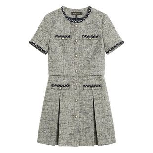 BCBG2026春季新款优雅气质小香风短款连身假两件式粗花呢连衣裙女