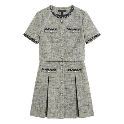 BCBG2026春季新款优雅气质小香风短款连身假两件式粗花呢连衣裙女