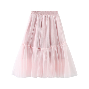 淘町女童半身裙秋冬新款长裙纱裙大童女孩公主国风网纱小个子裙子