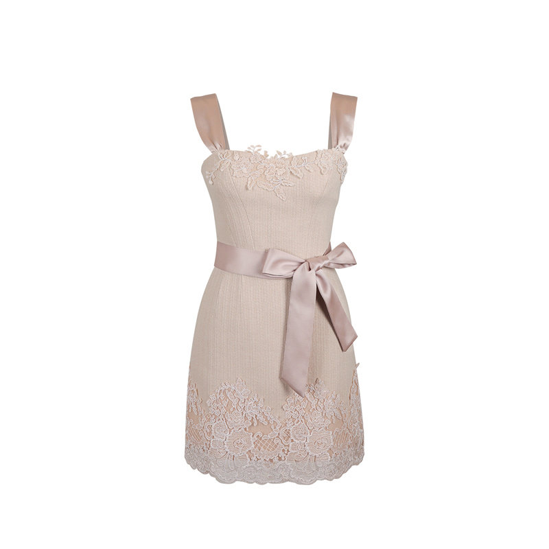 MummyCat下蛋喵 中古定制股线盘花蕾丝缎面拼接绑带吊带连衣裙