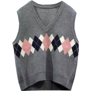 素凡卡秋季新款日系森女小众撞色菱格V领马甲宽松薄款百搭小背心