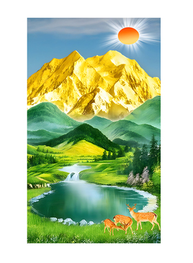 日照金山客厅玄关挂画新中式聚宝盆山水画背有靠山聚财招财装饰画