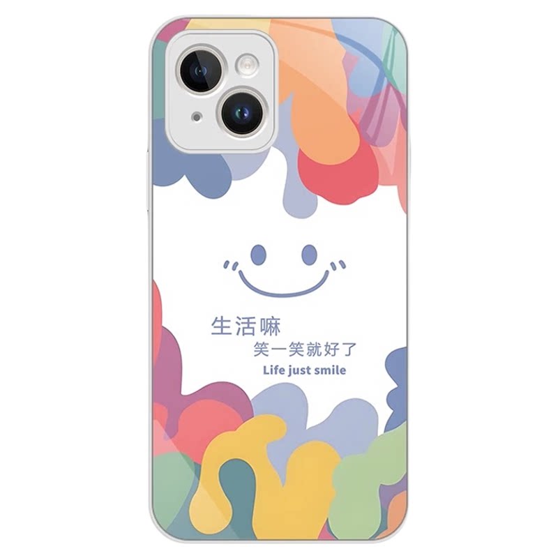 涂鸦笑脸玻璃壳适用苹果15手机壳新款简约创意iPhone16/13/14外壳7/8plus防摔全包高颜值小众手机套情侣款