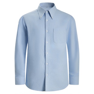 平圆方中纯棉牛津纺男士浅蓝领尖纽扣领长袖衬衫复古学院风衬衣男