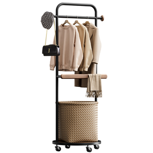 卧室落地次净衣架置物架小型带脏衣篓衣帽架可移动不占空间挂衣架
