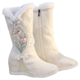 新款冬季夹棉加绒高跟棉靴圆头软底古风拉链金丝绣绣花毛口筒靴古