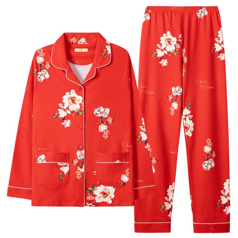 睡衣女春秋款纯棉长袖碎花大红色本命年秋冬大码可外穿家居服套装