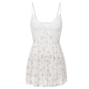 雅小姐性感蕾丝碎花睡裙女春夏V领文艺吊带睡衣套装透视纯欲战袍