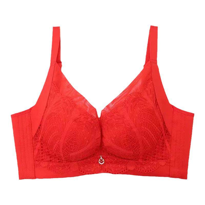 红色性感文胸套装小胸聚拢中厚杯调整型收副乳上托无钢圈性感内衣