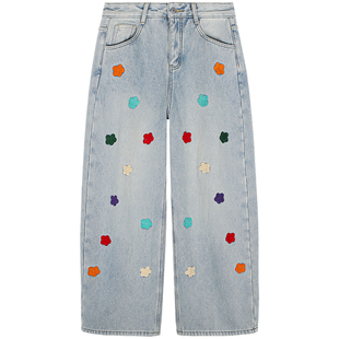 今屿花花牛仔裤女2025新款冬季加绒刺绣小个子牛仔阔腿裤保暖裤子