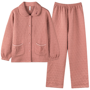 秋冬季加厚纯棉睡衣女中年妈妈全棉长袖家居服保暖薄夹棉夹层套装