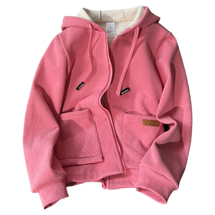 秋冬季宽松潮流连帽加绒加厚卫衣女2025新款拉链开衫休闲宽松外套