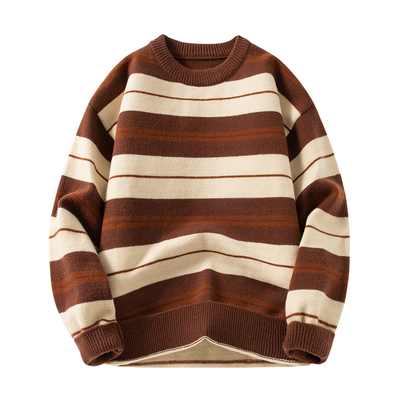 冬季撞色条纹毛衣圆领针织衫男生