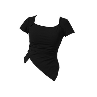 共妍新款纯色方领现代舞艺考演出形体训练功服装显瘦长袖T恤上衣